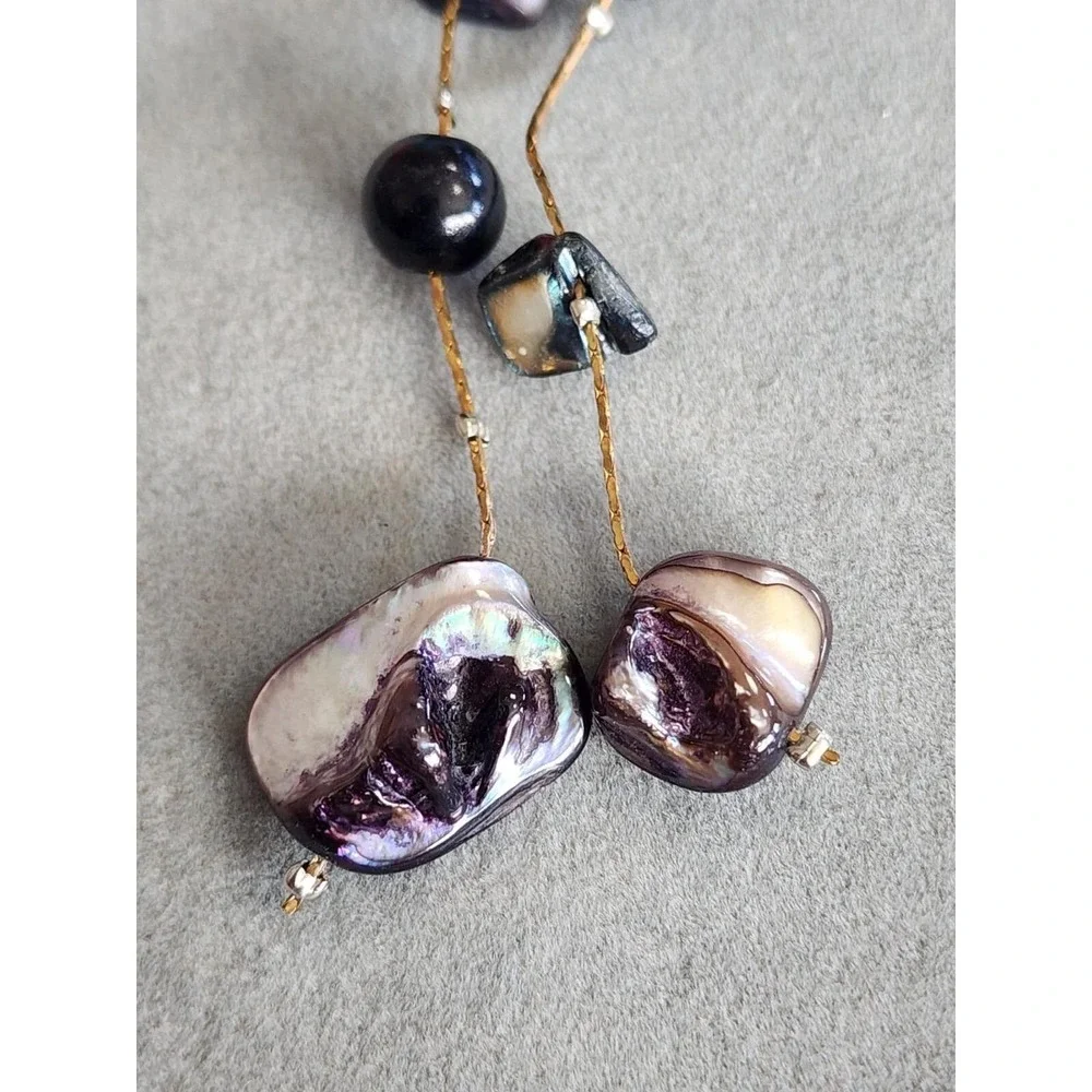 Abalone Shell Natural Chunk Dangle Earrings Mixed Metal Gold & Silver Tones